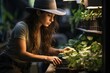Young woman taking care of the plants. Brunette with a hat and gloves. Woman uses , generative IA