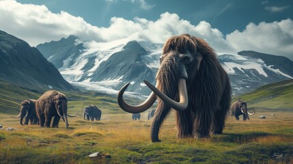 Wall Mural - A group of mammoth walking in grass land in ancient prehistoric enviroment.