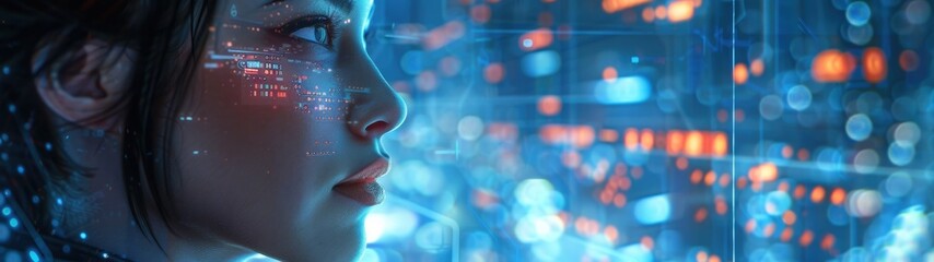 AI concept. A man's face on an abstract background in the form of microcircuits and numbers. Banner with copy space.