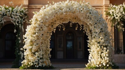 Wall Mural - an archway filled with white flowers, in the style of bokeh panorama, light orange and light gold, wedding backdrop, wedding photography