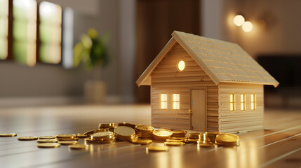 house with gold coins, real estate business investment or home financing concept 