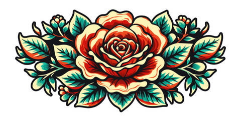 Wall Mural - Mexico mexican roses for festival Cinco de mayo. Retro old school roses for chicano tattoo. Digital illustration of a colorful, symmetrical floral mandala design on a navy backdrop