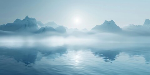  misty landscape with lake and mountains. 