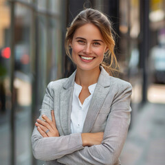 Wall Mural - Young happy pretty smiling professional business woman, confident positive female entrepreneur standing outdoor on street arms crossed, looking at camera