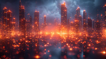 Illuminated Cityscape With Orange And Red Bokeh Lights