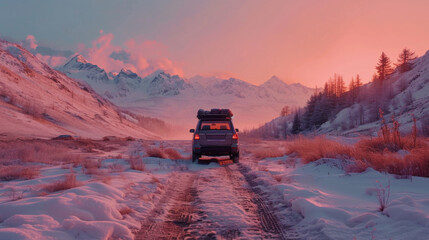 Sticker - SUV sports outdoor car with luggage on roof in snow field road in rugged land.