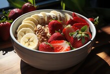 High Angle Close -up Of A White Bowl With Strawberry And Banana Slices, Generative IA