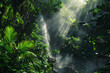 © Atmospheric stock - Dense, lush rainforest with a cascading waterfall, vibrant green foliage, mist rising from the falls, sunlight streaming through the canopy, mysterious and alive