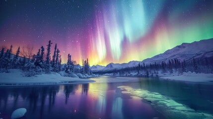 beautiful aurora northern lights in night sky with lake snow forest in winter.