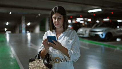 Poster - Young beautiful hispanic woman using smartphone at parking lot