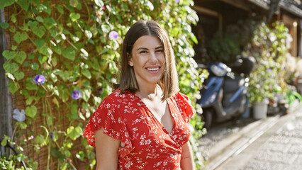 Sticker - Smiling with joy, a beautiful hispanic woman confidently posing on gion's old kyoto streets - a perfect casual portrait of a successful female having fun