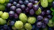 Fresh Grapes, adorned with glistening droplets of water, Top view