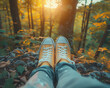 Mental Fitness, Sneakers, Person meditating under a tree, Mindfulness improving brain health, Peaceful forest setting, Photography, Soft sunlight, Vignette