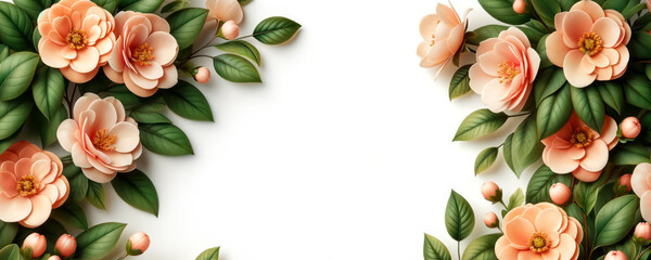 Wall Mural - Elegant camellia flowers and buds with green leaves on a bright background. Floral design concept. Generative AI