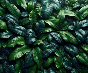 Wall Mural - dense tropical leaves in shades of green with realistic texturing. nature and lush concept. generati