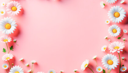Wall Mural - Scattered white daisies on a soft pink background, minimalist floral design concept. Generative AI