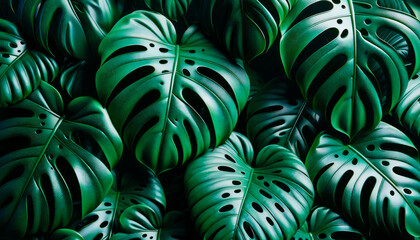 Wall Mural - tropical monstera leaves with natural holes, glowing on dark background. exotic flora concept. gener