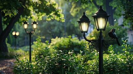 two black forged metal street lamps in a city park, accentuated by lush greenery and the presence of a bird nearby, evoking a sense of tranquility.