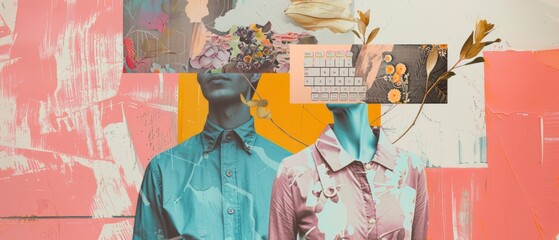 Wall Mural - Symbolism, modern technology, inspiration. Couple, couple with keyboard buttons instead of heads. Cheerful talks and romantic time. Abstract contemporary art collage.