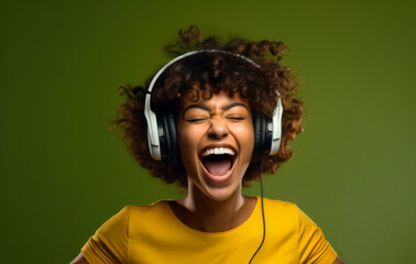 Wall Mural - Excited modern playful young woman listening music with headphones