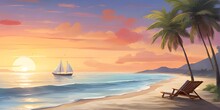 Beautiful Beach Views With Sunset Illustration.