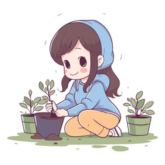 Poster - Illustration of a Cute Little Girl Planting a Plant in a Pot