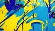 © Reazy Studio - Colorful street art graffiti background. Cyan, blue, yellow colors. Abstract wall surface with colorful drips, flows, streaks of paint and paint sprays