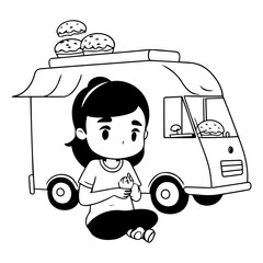 Poster - Illustration of a Girl Sitting Next to a Fast Food Truck.