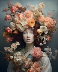 Wall Mural - portrait of a beautiful woman with flowers on her head, in a romantic dress with flowers, veil, transparent fabric. Gray background, pastel colors