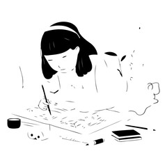 Wall Mural - Girl writing in notebook at home. Hand drawn vector illustration in cartoon style.