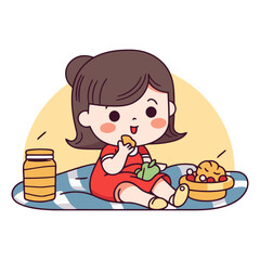 Wall Mural - Illustration of a little girl playing with her food at home.