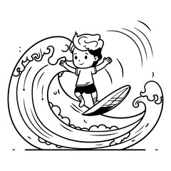 Wall Mural - Boy surfing on wave in doodle style.