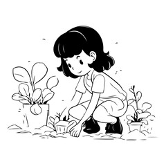 Wall Mural - Girl planting in the garden. Cute vector illustration in cartoon style.