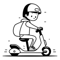 Wall Mural - Cute boy riding scooter in cartoon style.