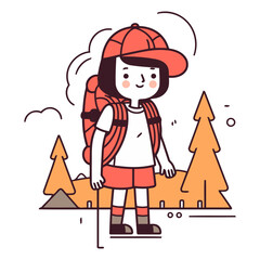 Vector illustration of a girl with a backpack and a red cap.