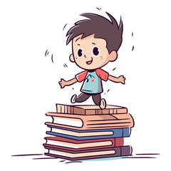 Wall Mural - Little boy running on pile of books of a little boy running on pile of books.