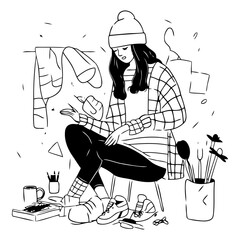 Wall Mural - Vector illustration of a girl in a red sweater and hat sitting on the floor at home.