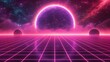 © HillTract - 80s synthwave background with a grid, dark pink and purple colors, a neon planet in the sky, a 3D illustration