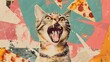 A collage featuring a cat with an open mouth. Pizza is flying into his mouth. Grunge background with minimalistic noise. Modern halftone illustration.