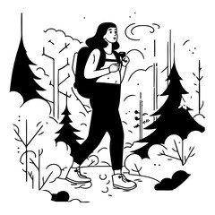 Wall Mural - Woman hiking in the forest in flat cartoon style.