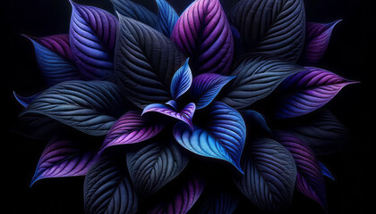 Wall Mural - stylized botanical illustration with blue and purple leaves against a dark background. generative ai