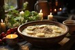 Side view of porridge oats with banana in a ceramic bowl on the rustic table, generative IA