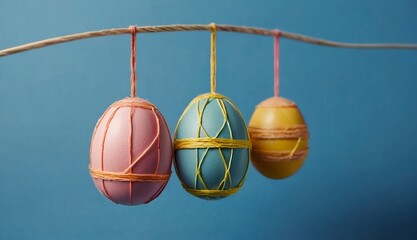 Poster - Happy Easter Holiday Holiday Celebration Decorations Banner - Hanging Pastel Easter Eggs Isolated on Blue Wall Texture created with generative ai