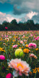 Mobile vertical wallpaper photograph of a tennis ball at a field full of blooming colorful flowers. Story post.