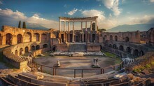 Ancient Roman Theater Coliseum In Ruins On A Sunset In High Resolution