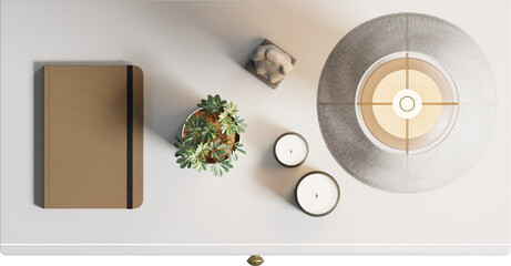 Top view of white bedside table with lamp shade