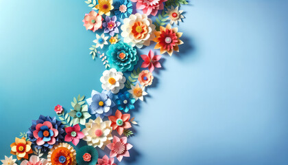 Wall Mural - Colorful 3D paper flowers cascading on a soft blue background. Creativity and nature concept. Generative AI