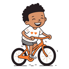 Wall Mural - Happy African American boy riding a bicycle in cartoon style.