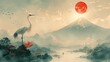 A vintage styled crane bird decoration modern. A Japanese background with a Fuji mountain landscape and cloud icon pattern.
