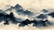 Vintage Chinese cloud decorations with black watercolor texture. Abstract art landscape with bamboo leaves and waves.